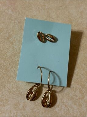 Gold Cowrie Shell Hoop Earrings and Stud Set